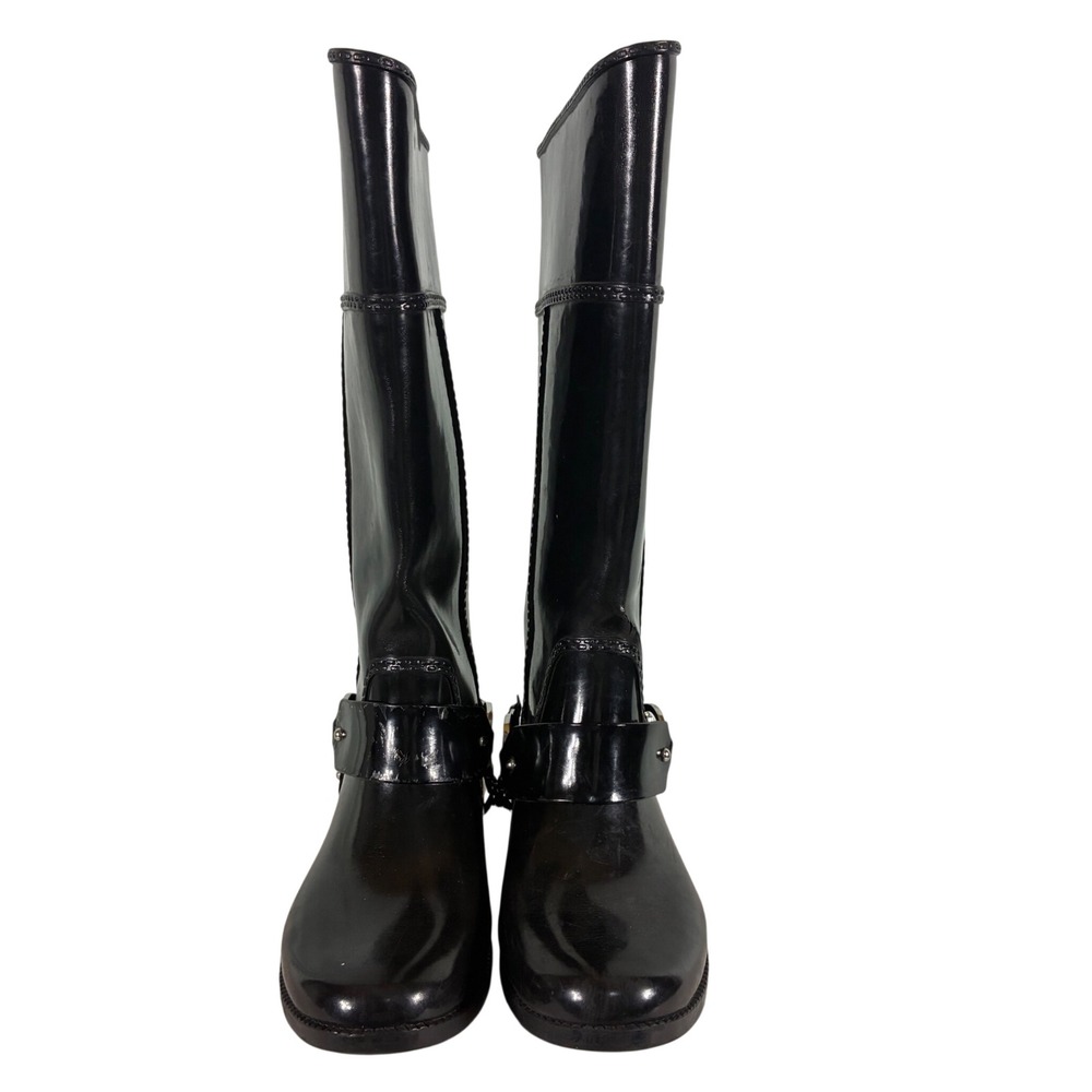 Michael Kors Fulton Black Rubber Harness Rain Boots Womens Size 7 MK Logo Tall